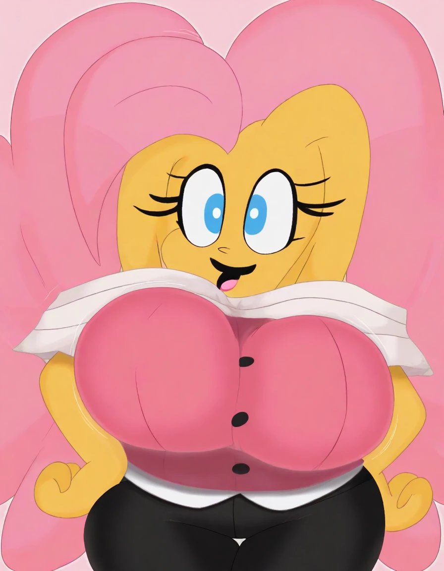My little pony, anthro, (fluttershy), opened her mouth, and strings of saliva stretched, (panties pulled down slightly), big breasts, heart collar, earrings, piercing, black eyeshadow, black nails, (futanari), ((cute clothes))