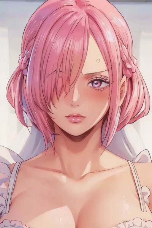 (((masterpiece))), (((best quality))), ((ultra-detailed)), (highly detailed CG illustration), vinsmoke reiju, (nsfw:1.4), (masterpiece:1.5), Detailed Photo, Sexy, (Best Quality: 1.4), (1girl), Beautiful Face, (Pink Hair, short Hair: 1.3), Beautiful Hairstyle, beautiful detail eyes, (realistic skin), beautiful skin, absurd, attractive, ultra high resolution, high definition, (sexually aroused:1.5), Pinkish white skin, cool white light, sexy pose, Beautiful , white background, pink soft white light, Wear a white dress, (Hair covering right eye: 1.5), wife, incoming face, kissing camera