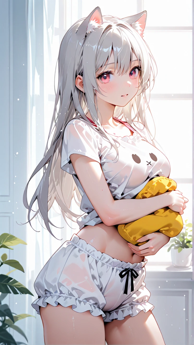 score_9, score_8_up, score_7_up, 1femboy, hospital bedroom, (solo:1.2), (cowboy shot:1.2), (Beautiful and detailed eyes description), (Beautiful and detailed face), Perfect tiny body, neat figure, slender waist, (20 years old), long hair, platinum blonde hair, very big eyes:1.2, blue eyes, blush, shy, watery lips, nurse,1femboy, t-shirt with text saying "anal" in heart, tiny erect penis, , sexy, , flat chest, no panties, BREAk 1 men, huge men behind, men naked, men patting femboy head,