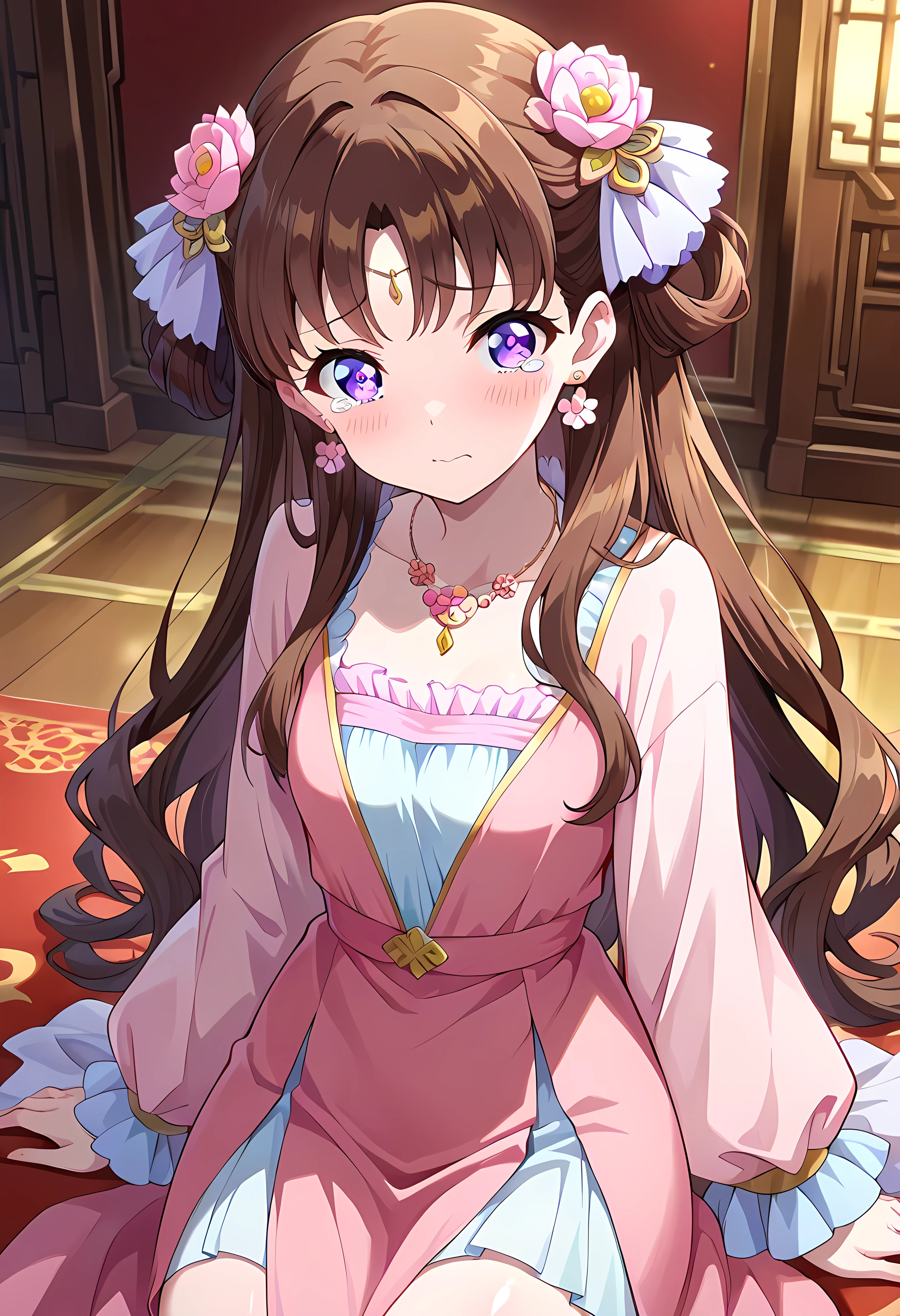 score_9, score_8_up,score_7_up,score_6_up,score_5_up,score_4_up,source_Genuine,quality_masterpiece,ハイパーdetails, 最高quality, (complicated_details:1.1), 美しくdetailsな,beautiful hair,{{Anime Coloring}},(brown hair,long hair,hair accessories,Hair Flower,earrings,purple eyes,necklace,long pink dress,object,long sleeve,clavicle,) small breasts, Pale skin,,  very white skin ,,)HOLLAND ANGLE,pupils, Shiny Eyes , beautiful eyes on my stomach, fascinating, erotic, shiny skin thighs, sexy, undulating mouth,closed mouth,tearing up(cute illustrations:1.3), (high chroma:1.3), cute face and eyes, dynamic lighting, extremely detailed background description, (Royal Palace,Chinese style), 横から BREAK masterpiece, 最高quality, 驚くべきquality, very aesthetic, high definition, newest, detailsな顔, volumetric, ray tracing, high definition, 4K, 8k, , high image quality, 最高quality, that&#39;  s ridiculous  .