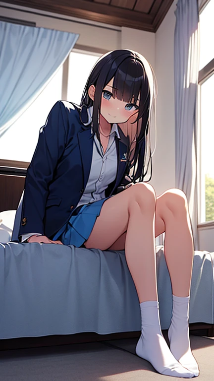 cute little、Amazing beautiful girl,female high-school student、 Anime style, 、17 age、on the bed、A dark-haired、Glamour、Colossal tits、de pele branca、wide-open legs、Very embarrassing、red blush。 Best Quality , Textured skin、 high details, High quality,Semi-long hair、No shoes,I can see the belly button、nudde,pubick hair、Black short socks、Pubic area、 hair、Open the crotch,、Tsurime,Anime-style eyes,Anime-style nose,Anime-style mouth、Turn your pubic area towards me、Highlights in the eyes、The pubic area is open,Lots of pubic hair、、night lights、pov from down、Tempting、white shirt、Blue tie、 Gray cardigan,I'm showing my pubic area,Lower body nudity