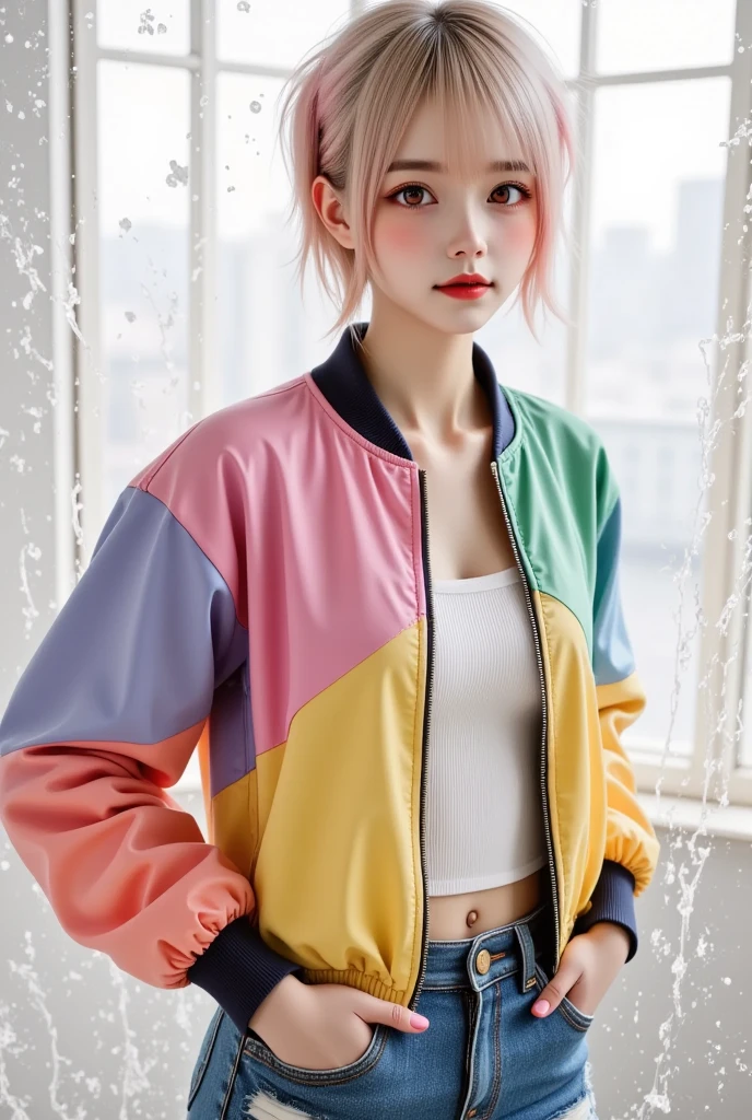 masterpiece, best quality,
1 girl, pretty and cute, (rainbow color Highlight Hair,colorful hair:1.4), wearing blue and purple sunglasses, yellow jacket with white pattern, white sweater, many colored balloons, doll face, ponytail braid, perfect detail eyes, delicate face, perfect cg, HD quality, colored balloons, sky ,black boots
