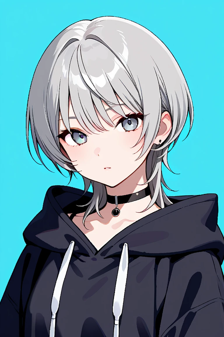 masterpiece, best quality,
1girl,
hair ornament, bandaid, flower, solo, hair flower, short hair, hair over one eye, blue eyes, looking at viewer, grey hair, shirt, black shirt, multicolored hair, earrings, blush, ear piercing, bandaid on face, jewelry, upper body, hairclip, bandaid on cheek, choker, piercing, parted lips, long sleeves, black choker, harness, white hair, hood, black hair, collar, hair between eyes, chest harness, ring, zipper, nose blush, black nails, sleeves past wrists, hoodie, grey hoodie, print shirt, holding