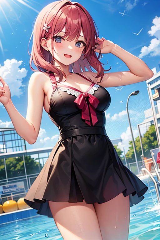 (1 girl),(Best Picture Quality, 8K, Masterpiece:1.3), (high school student:1.5), ((pink lob hair:1.1)), (bob cut),(swept bangs), (cute eyes, pupil black, iris skyblue, youthful face), (mole under right eye), (standard weight), (small breasts), (glistening skin:1.1),(pale skin:1.2),((Fetish fashion:1.3)),(wet:1.1),((summer scene:1.2)),(magnificent view),(overlooking),(Smile).