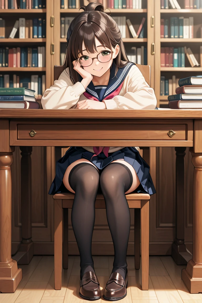 ((Lace panties)),((high school girl)),((school uniform)),((White blouse)),(((Pleated mini skirt))), ((A shy smile)),((Beautiful legs)),((Beautiful feet)),((squat)),Ultra-high resolution, Mature Woman, Mature Woman, Very detailed, ((Small breasts)), Perfect hands, Detailed fingers, Beautiful details, (((Glasses))),((Long Hair)),((Twin tails)),Black choker, Earrings,loafers,(Black Pantyhose), (Black Stockings),Perfect Eyes, Seductive eyes, School stairs,