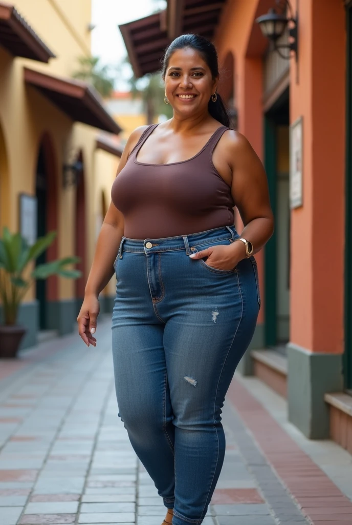 Mulher de 55 anos,em um parque,fotorrealista, mulher sorrindo, gorda bbw,um dia lindo de sol, camisa com estampa florida,Denim Jeans Pants, mulher com rosto de 55 anos,cabelo castanhos amarrado