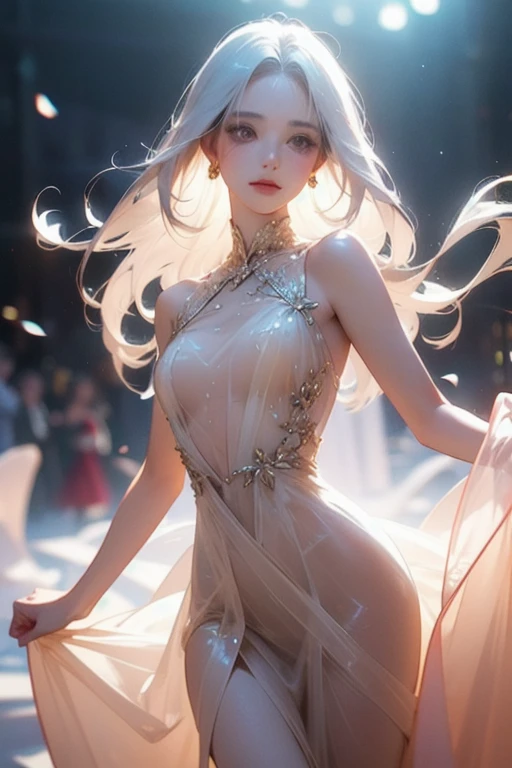 (((full medium shot))), (Masterpiece, photorealistic, photorealism, best quality, ultra-detailed:1.3), (nice hands, perfect hands), official art, cinematic light, (1girl:1.3), adult, A Russian woman facing towards the camera. ((long blonde hair)), (pink and white sleeveless transparent translucent leotard,silhouette),(blue stockings),(ethereal:1.6),fantasy artwork,intricate artwork,sketch,minimalism,clear lines,(double exposure:1.4),(extremely luminous translucent body:1.5),(floral pattern decoration,glowing effect:1.2),