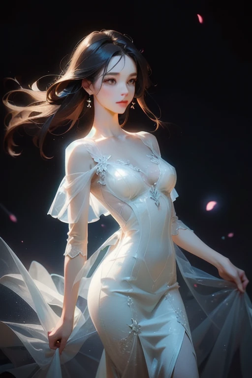 Best Quality, Masterpiece, High Resolution, 1Girl, Clear Porcelain Dress, Hair Accessories, Necklaces, Jewelry, Beautiful Face, Body, Tyndall Effect, Realistic, Dark Studio, Edge Lighting, Two-tone Lighting, (High Detail Skin: 1.2), 8K UHD, DSLR, Soft Light, High Quality, Volumetric Light, Voyeur, Photo, High Resolution, 4K, 8K, Background Blur,