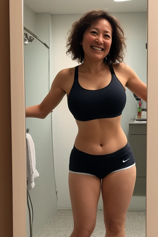 ((((NUDE)))), ((((NUDITY)))), ((((NFSW)))) there is a 40 year old woman standing in a room with a wii remote control, blue sports tank top, and dark blue shorts, in shorts, bra and sports shorts, wearing gym equipment, adjusted photo, she is about 45 years old, she is around 40 years old, in good physical shape, attacking the camera :4, 40 year old Brazilian mother, full body photo. well defined woman, standing, athletic pose, indoor photo, full body distant photo, side pose, full body distant view. She is wearing blue-green-gray-white-black printed shorts and a blue top, fitness woman. She is a beautiful woman, with white skin and dark brown hair. She is about 40 years old, 165 cm tall and weighs 56 kg. She has a perfect mouth, a perfect face. Her body exudes glamor and her face is a definition of beauty. Slender body, thin waist. Highly realistic, hyperrealism, very elaborate skin, perfect face. Clear photo, high resolution, high quality, masterpiece, 16K photo, high contrast, masterpiece, ((((NUDE)))), ((((NUDITY)))), ((((NFSW)))).