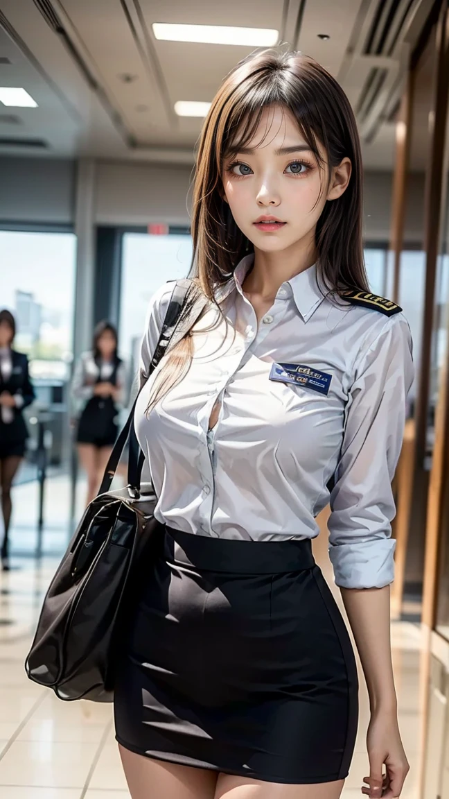 Extremely realistic and detailed image quality、Bust size 40 inchesＭcup、Super big breasts、Tight waist、Station staff uniform、A super beautiful working lady、Sitting on a chair doing office work、computer、Looking at me with an upturned gaze、Her uniform has a wide opening at the chest, revealing her deep cleavage.、Sweaty naked、The nipples are clearly visible and protruding