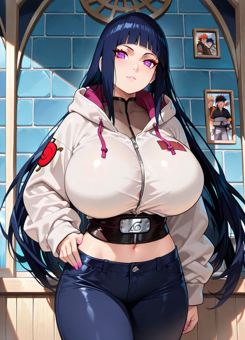 <lora:hinata-000065:0.8> hinata, hyuuga hinata, bangs, empty_eyes, black_hair, blunt_bangs, grey eyes, grey sleeves, headband_around_neck, highres, hime cut, hooded_cardigan, long sleeves, hooded jacket,(Masterpiece, Best Quality, Highres:1.2), Detailed, Intricate Details, 4K, 1girl, solo, cowboy shot, high rating, (gigantic breasts:1.3), huge breasts, simple background, dynamic pose, sexy, beautiful, smile, thicc, thick thighs, wide hips, cleavage, deep cleavage, tight clothes, skindentation, <lora:Zyugoya-10:0.6>,