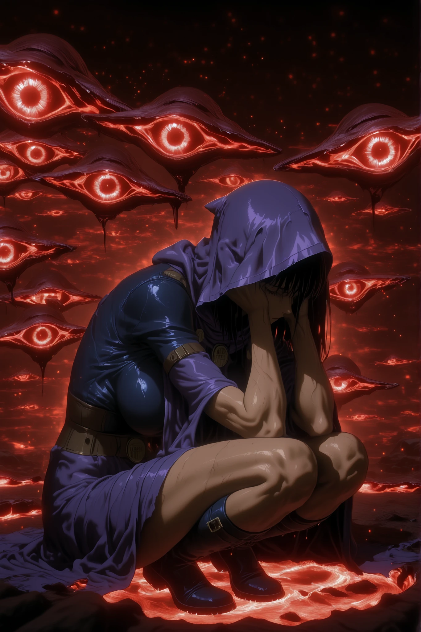 photorealistic, detailed mosos eyes, detailed leather, detailed hair, volumetric lighting, Extremely detailed dapple, light particles, dramatic shadows, movie lighting,  photo background, depth of field, a woman,  Raven from Titans , masterpiece, Top quality, great image quality, very aesthetic,  super precise、big breasts、,intimate,close,distracted,powerful,strong woman,carefree,drooping eyelids,squat,crouched,knees on your chest,covered your ears,ojos rojos,tormented,noises in the head,DISCOMFORT, headache ,surrounded by shadow silhouettes,ojos rojos,Purple hood,Girl with a dark attitude,purple,(((gap)))