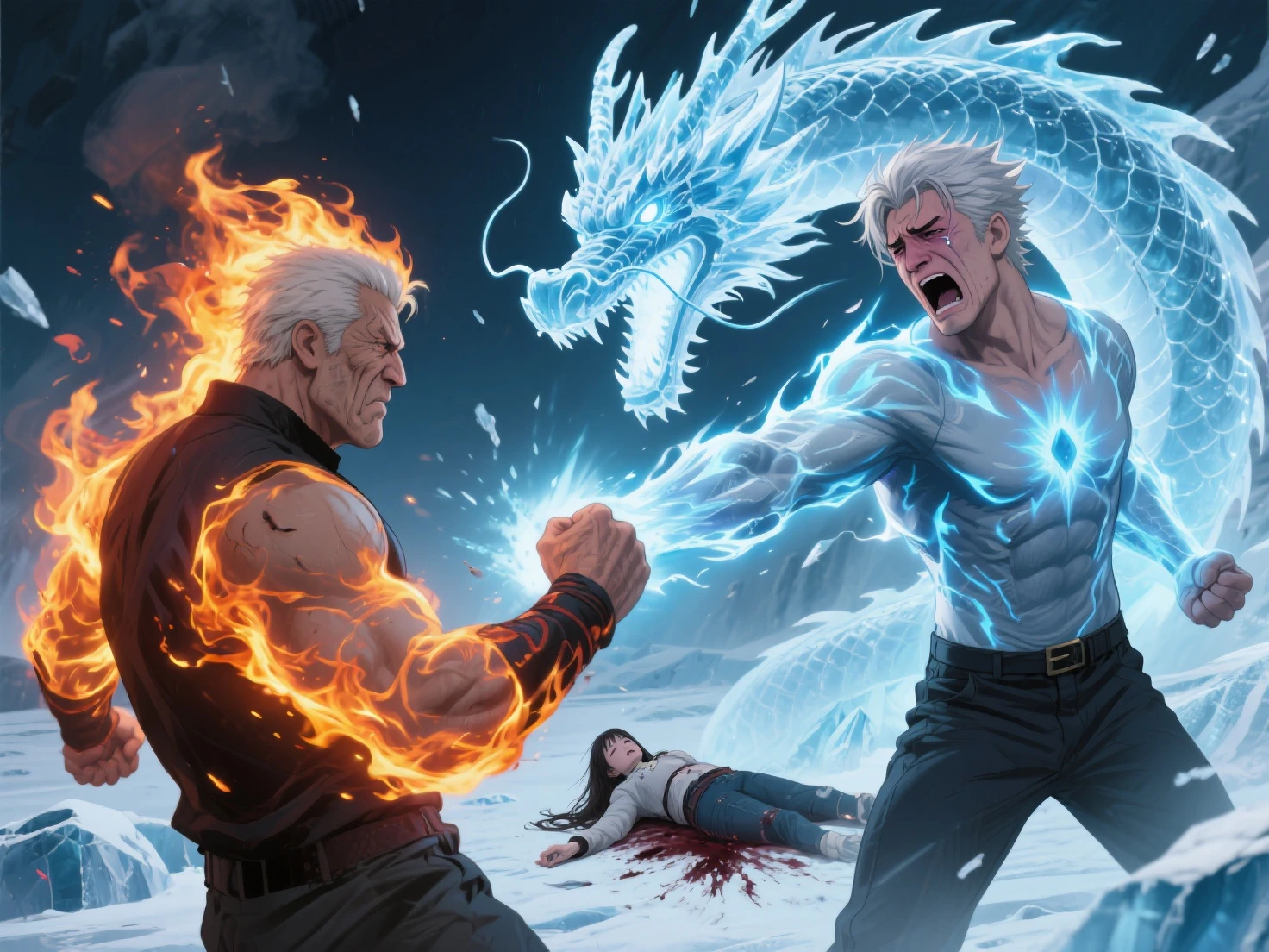 Dois personagens, a monster and a human shaking hands, humano masculino e monstro masculino, monster humanoid form, humano chorando, energia possuindo o humano, Catastrophic background.
