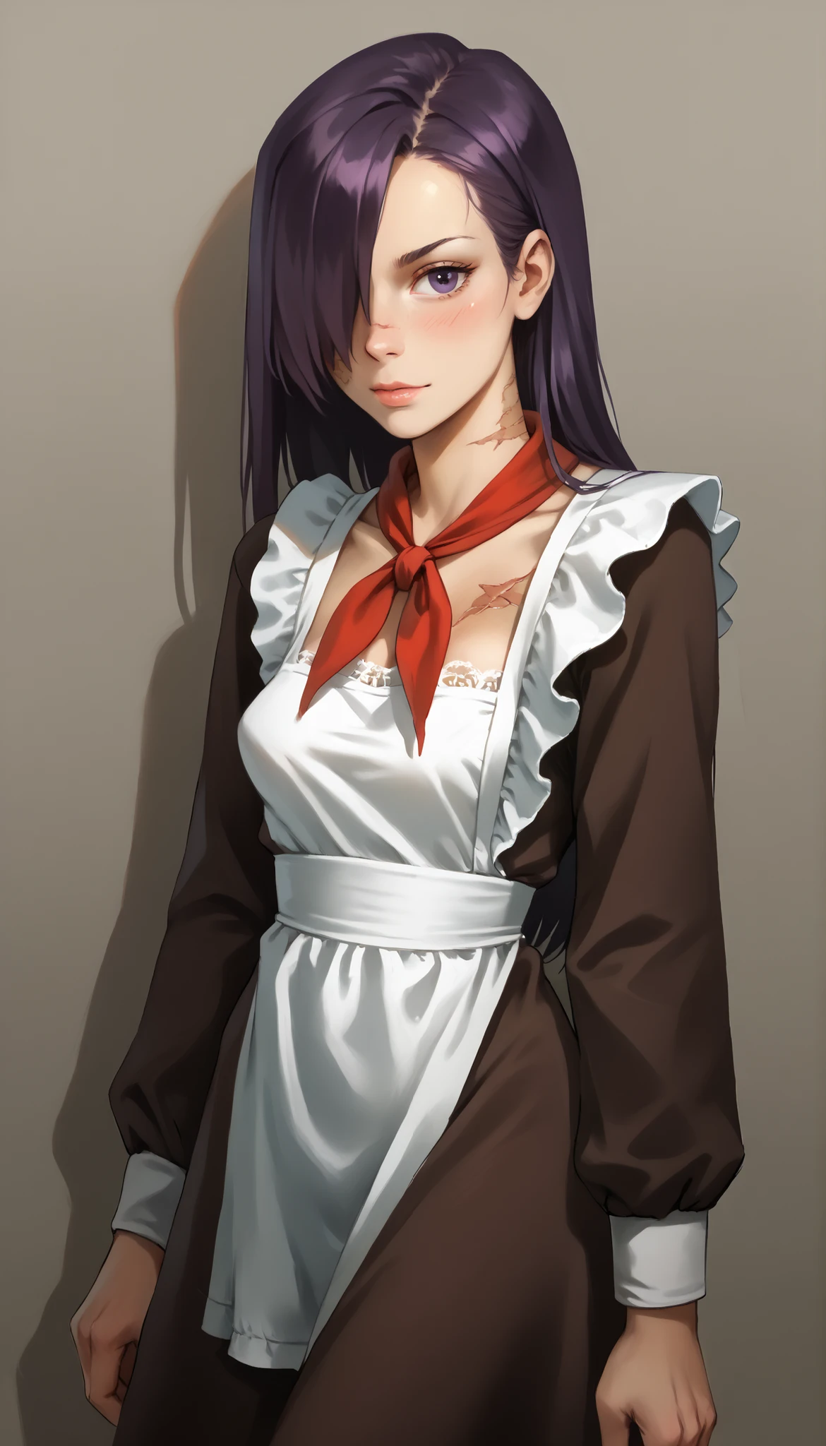 score_9, score_8_up, score_7_up, score_6_up, 8k, high detailed picture, realistic style, masterpiece, very young girl, small perfect breasts, torpedotits, (thin, slender, narrow shoulders and hips, anorexic girl, slender legs and arms), hanako ikezawa, hair over one eye, long hair, purple eyes, purple hair, scar, 16k, masterpiece, realistic style, perfect fingers, tomboy, CyberRealistic_Negative_PONY_V2, very sexy dress, dressed like (microdress, very tight, sovsh_uniform, lace apron, red neckerchief, dark brown dress, long sleeves, white apron) , very tight dress, bursting breasts, xaxaxa 1_style