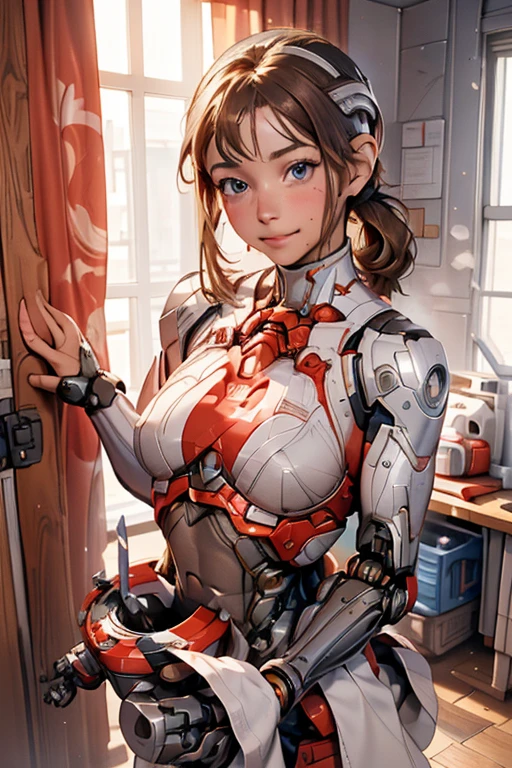 18 year old girl,baby face,dark red short hair,Ponytail hairstyle,Smile,Huge breasts,Cleavage,Transparent red sleeveless top,Leave space in the middle to reveal Cleavage,Soaked all over,blush,Red eyes,female spy,red miniskirt,White gloves,White hand sleeves,White boots,Science fiction,future,Inside the robot warehouse,robot driver,A pistol was hung around his waist,no bangs