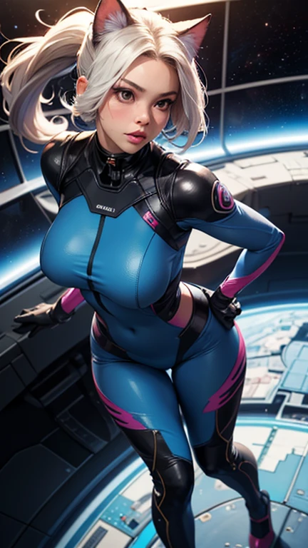 A glamour shot of a voluptuous space commando (web gear, pouches, pockets, ammo): beautiful, long curly purple hair with white highlights, extravagant braid, perfect body ((EE-size breasts, large butt, slim waist, thick thighs)), revealing space suit (((deep cleavage, exposed stomach))), hyper-realistic, partially clouded skies, 64k. full body in a starship. standing on the command deck of a starship ((computers, personale, captain)), realistic. 64k, highly detailed face, pretty face. delicate features
