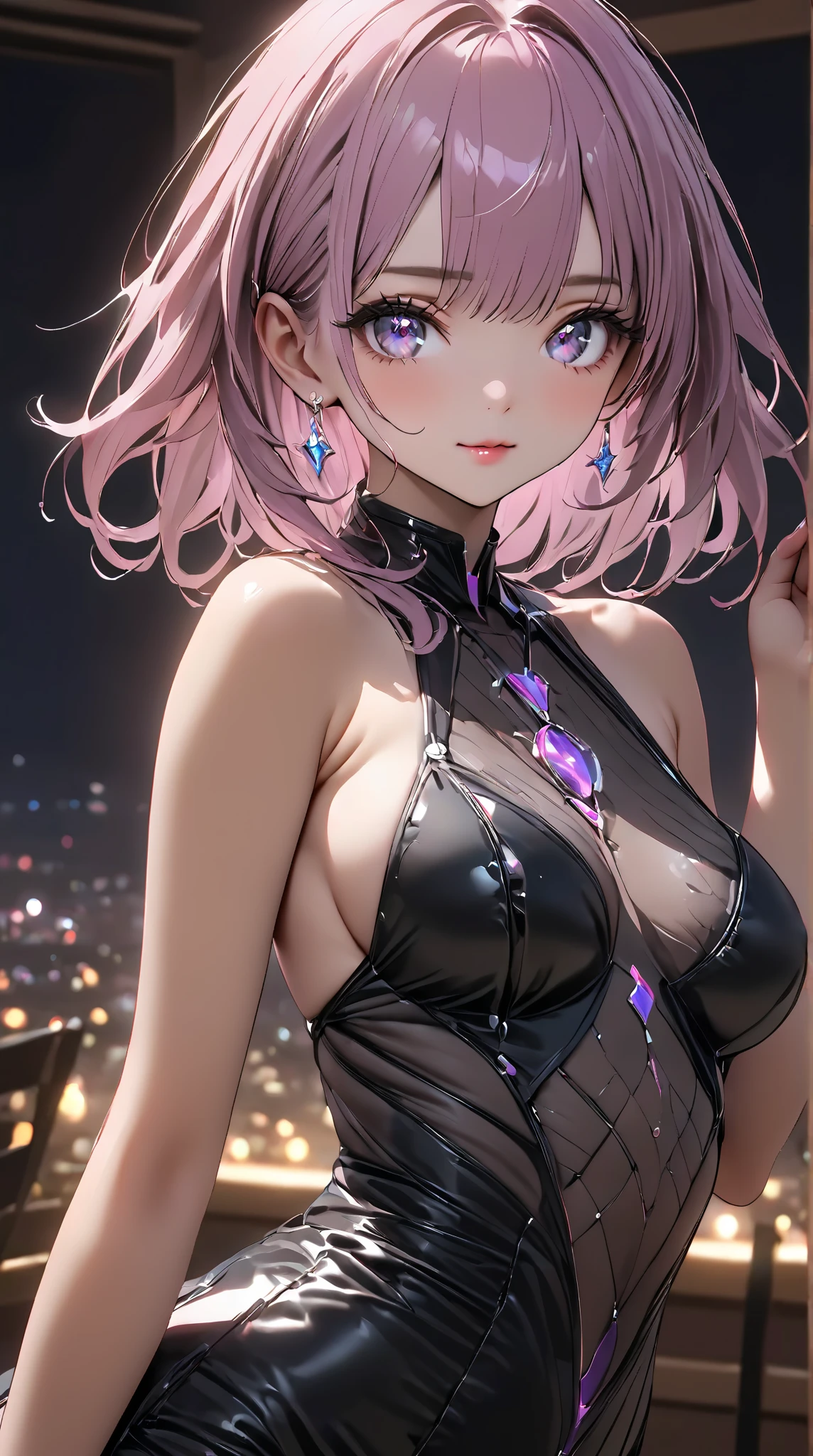 (Masterpiece, BestQuality:1.3), (ultra detailed:1.2), (hyperrealistic:1.3), (RAW photo:1.2), High detail RAW color photo, professional photograph, (Photorealistic:1.4), (realistic:1.4), (Pink Hair:1.5), professional lighting, perfect anatomy, (Big Breasts:1.2), (blush, detailed face), (A happy smile:1.7), Trending Hair&Trending Hairカラーをランダムに, earrings, necklace, bracelet, sexly, erotic sexly, Random sexy gravure poses, (Sexy beauty in a silver sparkly dress、Night Club Background、Provocative eyes、Shoulders back pose、The body lines are emphasized:1.3)