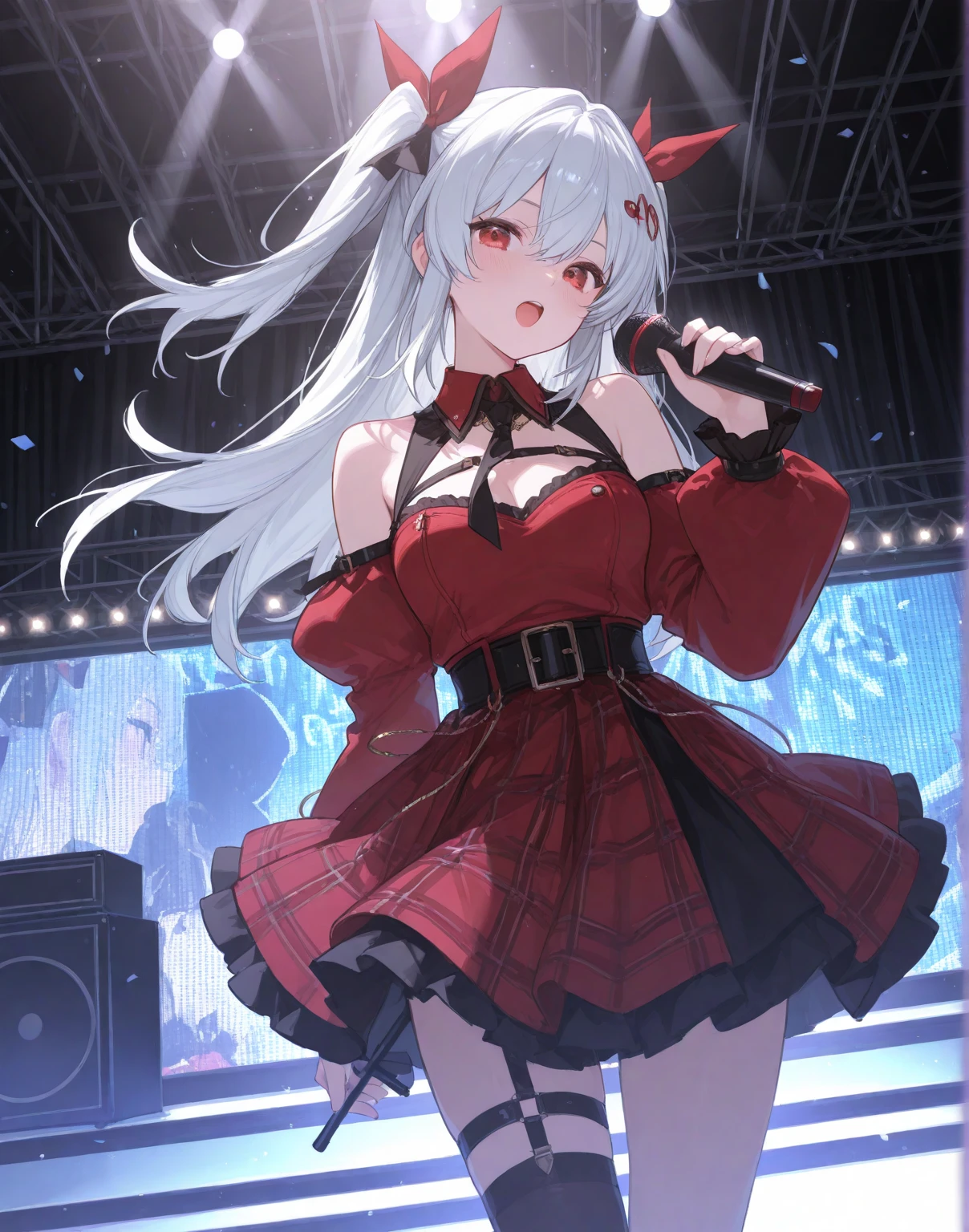 absurderes、ultra-detailliert、masterpiece、top-quality、BREAK、Official art、(Beautifully Aesthetic:1.2)、(watercolor paiting:Curly)、BREAK、Devilish Pretty Girl 1.2、a beauty girl、Beautiful nasal muscles、BREAK(kawaii:⒈3)、sixteen years old、BREAK、colourful hair、(Split Hair 1.1)、striated hair、BREAK、Splash、(Mixed blue and pink hair1.2)、(フラクタルアート1.3)、BREAK、Cat's ears、A sexy、(Cat gloves、Fluffy hands)、BREAK、Like a cat's paw、Short socks、human - shaped、BREAK、AI Concert、BREAK、random eyes、BREAK、From Side、Look at viewers、BREAK、((Above the live stage))、Wedding costumes with ultra-detailed embroidery、Sing while holding the microphone with your left hand、Neon Detail Spotlight、BREAK、BREAK、Shyness、tension、red blush、happy facial expression、The best smile、BREAK、Versatile poses、BREAK、Standing、BREAK、(Cute Panty Shot Figure 1.2、Cute embroidered white string panties)、BREAK、