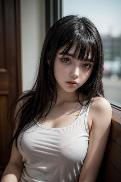 masterpiece, best qualitiy, RAW photos, realisticlying, A high resolution, hyper-detailing, Focus on the face, looking at viewer, Detailed eyebrows, realistic beautiful eyes, realistic glossy skin, straight Bangs, realistic movie lighting, detail shaded, high contrast, Slender, big boob, Big breasts, Exposed cleavage, open mouse, nsfw, Sexy face, Facial expressions when receiving pleasure, ((Dark background))
