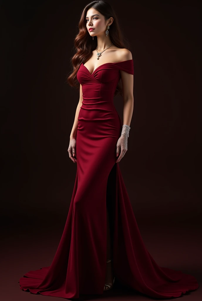 masterpiece,best quality,high resolution,8K,20 year old girl,single braid,(black hair),Full breasts,cleveage,Elegance and nobility,Serious and indifferent,Clean background,mulatto,Sexy look,big eyes,(Standing),Sexy pose,Center the character,(Red dress),White background