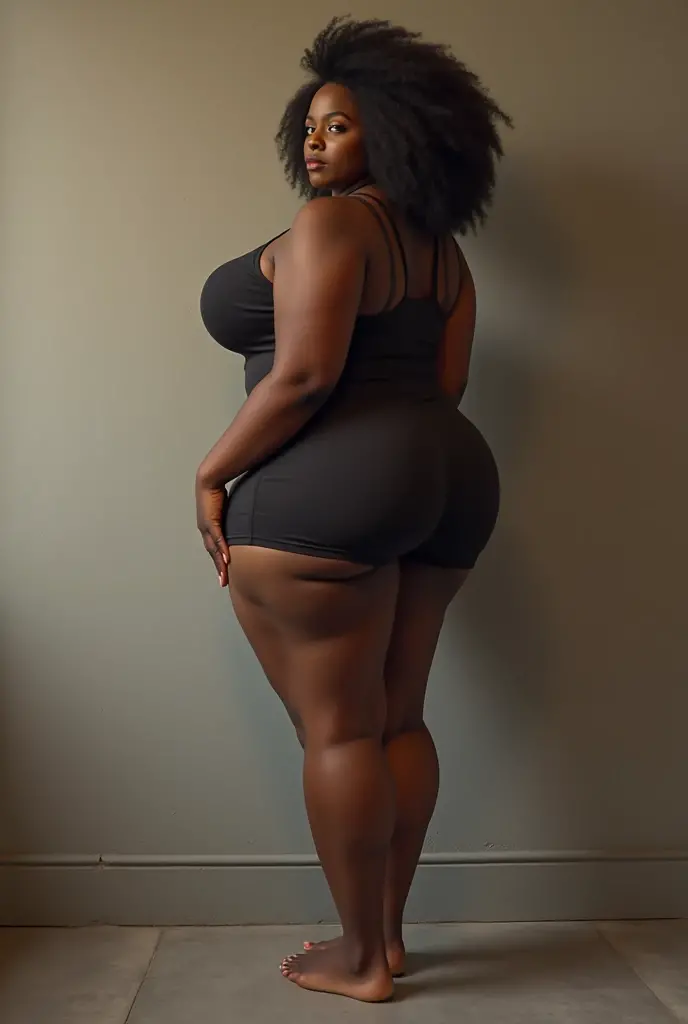 (Melhor qualidade, ultra-detalhado, realista:1.37),retrato,mulher voluptuosa,flor, short apertado, random dress color, olhar sensual,Big buttocks,cores vibrantes,soft lighting, standing, Full body view, extreme alto, pernas longas, very alto, alto, pele negra, mulher afro