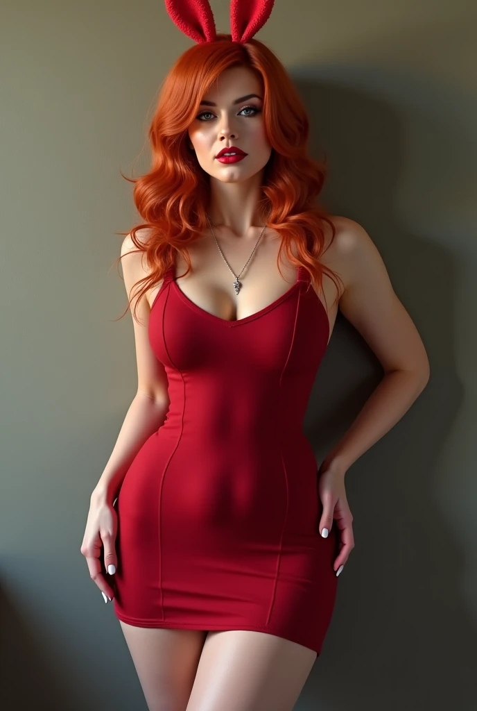 beautiful 25 year old australian woman, ginger hair, she wears a seductive and sexy shiny red dress, huge beautiful breasts, huge tits, huge boobs, she wears super tight and short gym shorts, her arms are covered in tattoos full off colours, she stands seductively and looks at camera, she is fit, strong and has slim waist