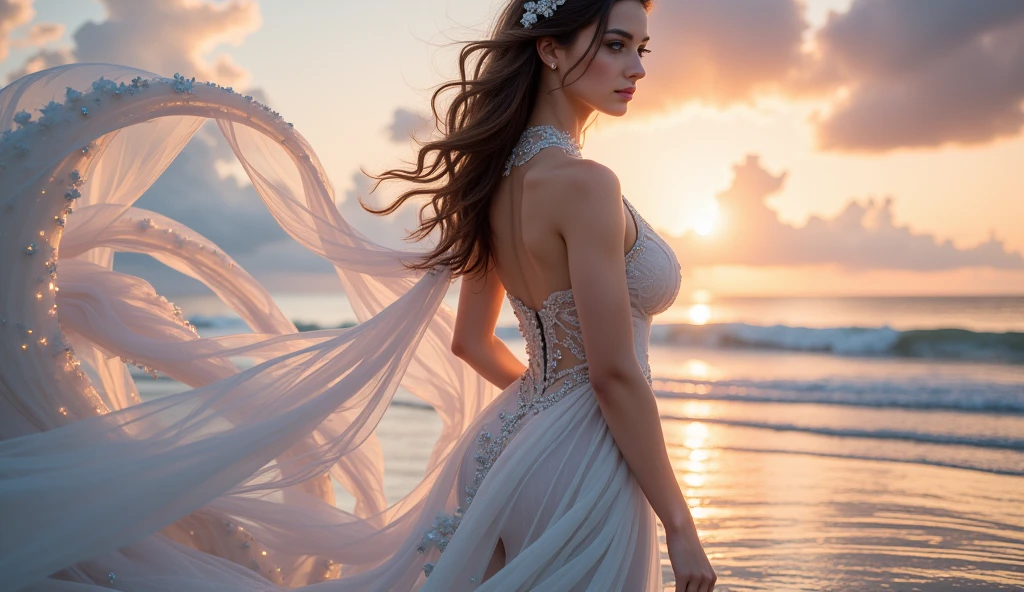 Create an image of a beautiful woman in Heaven as described in C.S. Lewis's "The Great Divorce." She should appear radiant, with an inner light emanating from her. Her features are youthful and vibrant, with striking, kind eyes and a warm, joyful smile. She moves with effortless grace, and her presence exudes profound peace and happiness. Her attire is a flowing, ethereal gown that shimmers as if woven from light, reflecting brilliant and pure colors. The gown is elegant yet simple, highlighting her inner beauty and spiritual purity. The overall image should convey a sense of heavenly transformation, where true beauty reflects one's virtuous nature and loving spirit. *perfect image, highly detailed, 8k resolution, perfect detailed eyes, perfect image, best face, no flaws, best image ever, photorealisic, perfect details*
