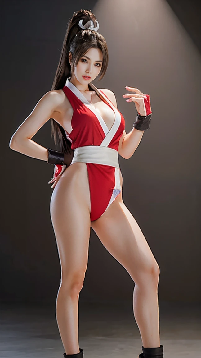 Mai Shiranui, (best quality,Ultra-detailed),(realistic:1.37), beautiful and detailed face, Ultra-realistic texture, delicate face, athletic body, vivid colors. high definition, 8K, expression with a slight cute smile
