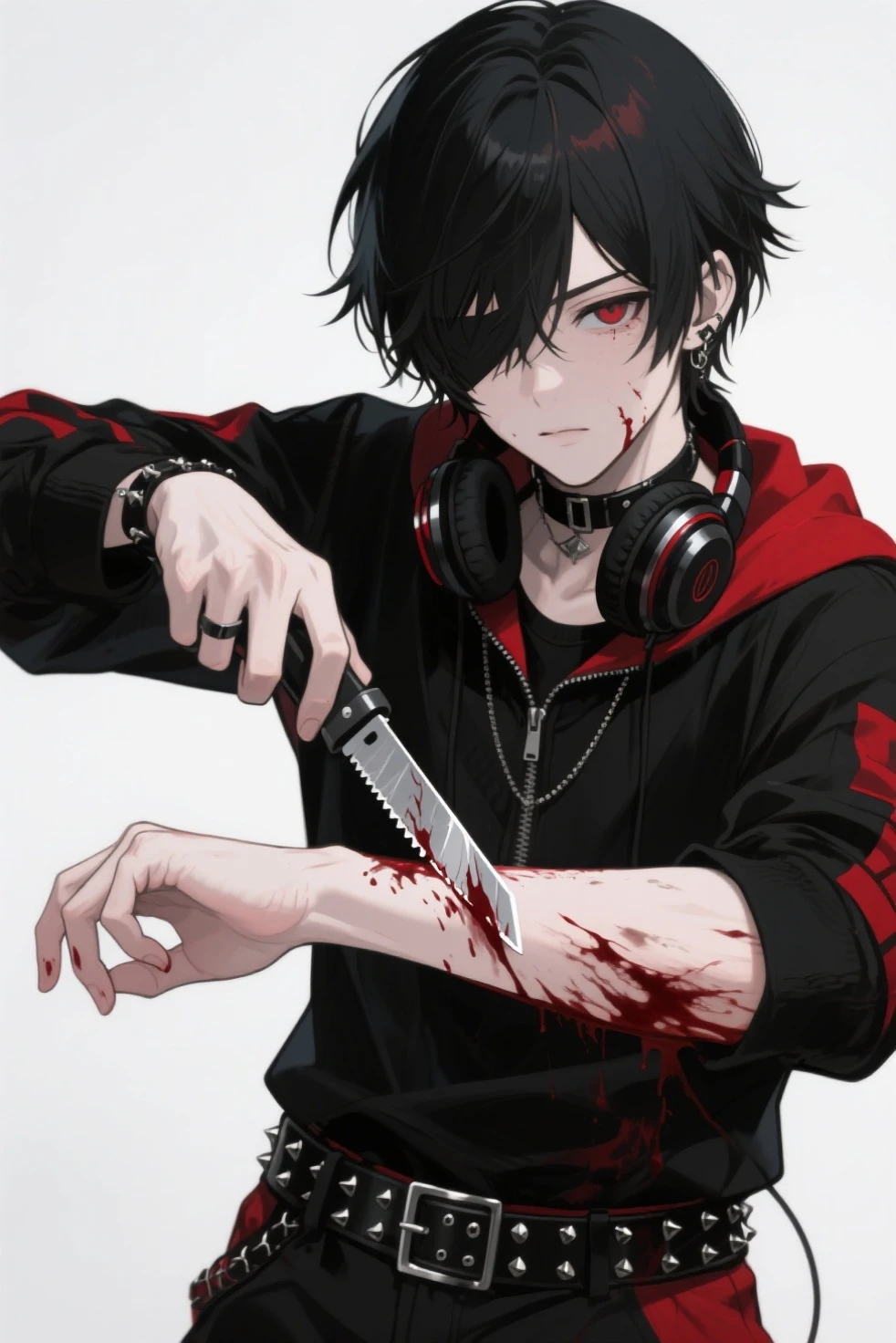 masterpiece, Highest quality, High school boys、Drug addict、I have a gun、Strangling yourself、Blood、indoor、I have headphones on、A hoodie over a worn out shirt、One person、despair