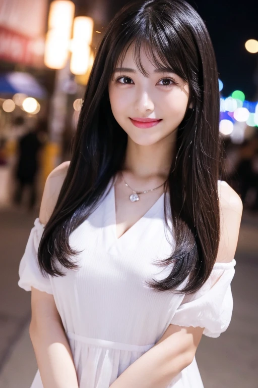 masterpiece、Highest quality、whole body、One Girl、bangs、Japanese、Long Black Hair、Long Hair、smile、alone、Beer 、restaurant、Stylish woman、pastel colored outfits、front、Luxury background elements、Confident expression、Modern and trendy、Fashion focus