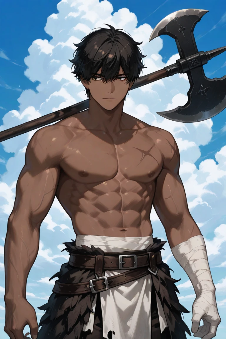 solo male, black hair, green eyes, cowboy shot, greek clothing, hair over one eye