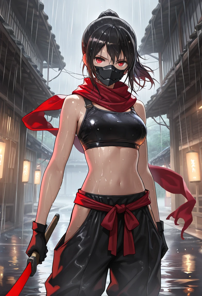 yuukikonno, Yuki Konno, hair band, Long Hair, Pointy Ears, Purple Hair, (Red eyes:1.5), (Small breasts:1.2),Hooded,cover your mouth with a black scarf,strict,black Ninja uniform,Ninja,black Ninja pants,short boots,Action pose,Overlooking the city from the roof of the building,moon,moon明かり,night,whole bodyがイラストに入るように,
break looking at viewer, whole body,
break outdoors ,Medieval European-style building,
break (masterpiece:1.2), highest quality, High resolution, unity 8k wallpaper, (shape:0.8), (Beautiful and beautiful eyes:1.6), Highly detailed face, Perfect lighting, Highly detailed CG, (Perfect hands, Perfect Anatomy),
