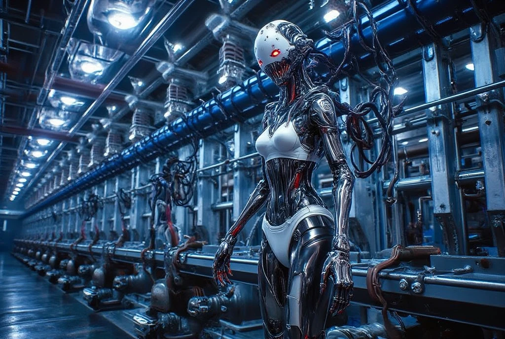 **Fast**: Create an Ultra-Realistic Bloody Mary., turned into mechanical, Ghostly Entity, appear in a dilapidated bathroom mirror. **general form**: - **age**: Looks like a grown woman. - **skin**: pale, почти бескровная skin с видимыми механическими имплантатами и торчащими проводами. - **eyes**: big, светящиеся красные eyes с наложением цифрового интерфейса. - **hair**: long, черные hair, intertwined with metal strands and contours, giving a futuristic, but creepy looking. - **mouth**: Twisted grin, revealing a sharp, metal teeth and dark, An ominous glow, coming from within. - **hands**: Mechanized with sharp, metal fingers, dark colored, adding to her sinister look. **Outfit**: - **dress**: Shabby, the once white Victorian dress is now combined with mechanical elements, gears, and rusty metal plates. - **Accessories**: High tech, rusty antique jewelry, integrated with wires and small digital screens, which display mysterious symbols.. **parameter**: - **background**: Decaying, abandoned bathroom with moldy tiles, cracked mirrors, and flickering lights. The walls are covered in dirt, and the atmosphere is suffocatingly dark. - **mirror**: big, треснувшее mirror, which shows the terrifying mechanical reflection of Bloody Mary. Her ghostly form is slightly distorted., adding fear factor. - **Mechanical Components**: Exposed wires and circuits are visible on the walls and floor., connecting with her form in the mirror. - **blood stains**: Handprints and stains on walls and floors, horror scene improvement. - **Lighting**: dim, flickering lights create deep shadows, emphasizing her mechanical ghostly presence and making the scene more frightening.