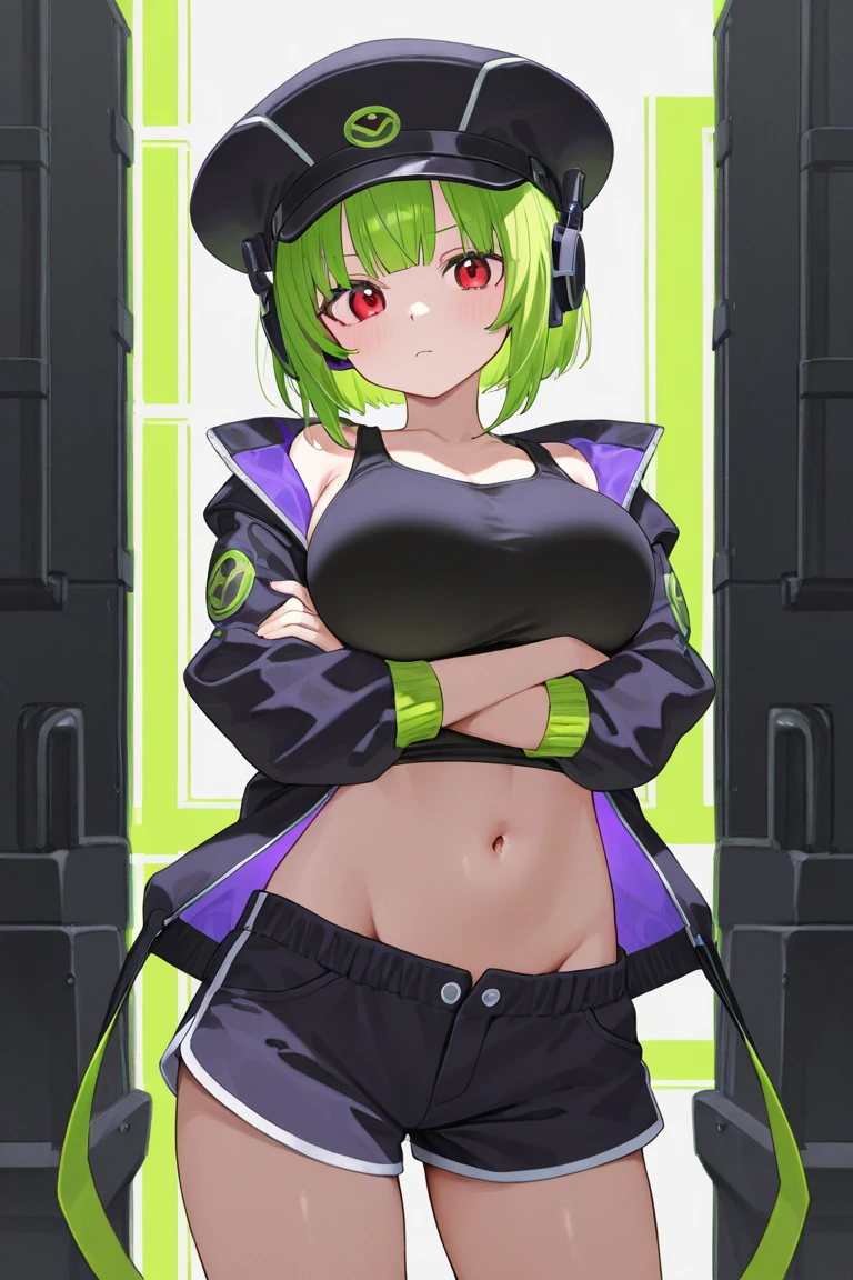 ((masutepiece)), ((Best Quality)), (ultra-detailliert), ((Extremely detailed)), 4K, (8K), 1girl in, half - body shot, Stunning cute girl, ultra-detailliert eyes, Light green medium bob cut hair with bangs, white and sparkling green bikini、With Jacket, View from the second floor of the cyberpunk-style Atrium Mall, neon light, Neon glow