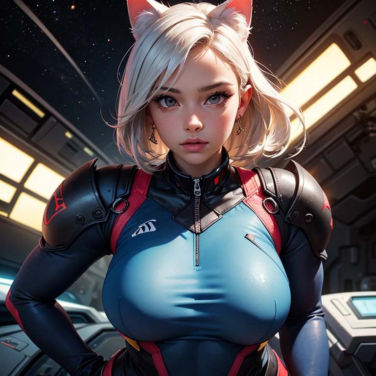 blue skin, fox ears, masterpiece, high quality, red bodysuit, ((armor)), science fiction, <lora:Krystal_v1:0.15>, looking at viewer, portrait, cleavage, long messy hair, <lora:add_detail:.4>, futuristic background, spacecraft, (furry : 0.8), dashboard, leds, monitors, close_up, from below, ultra detailed background,absurd amount of details, parted lips,