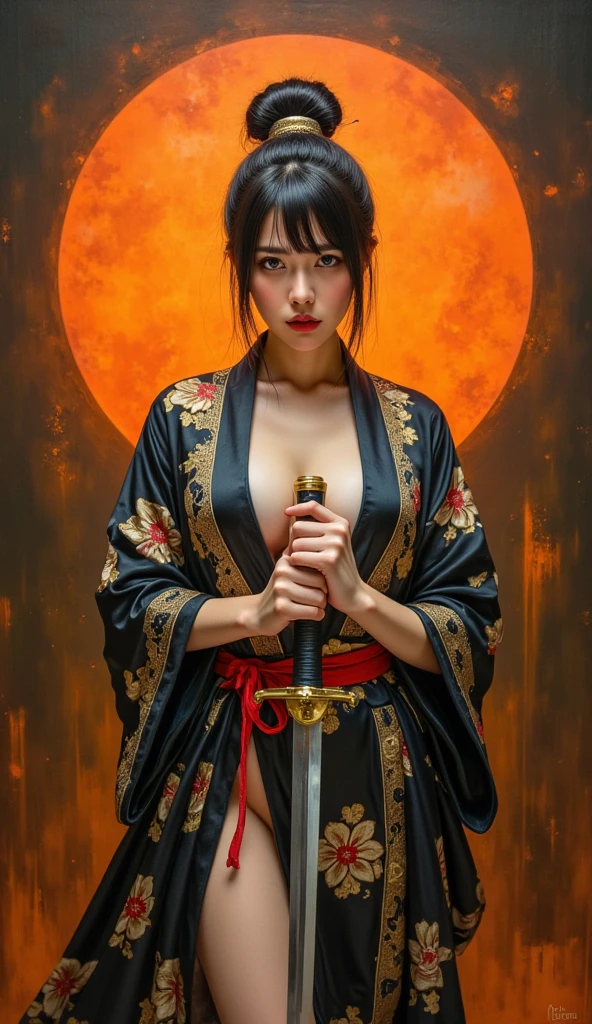 A red samurai, asian women, blue eyes, blood moon, ray tracing, masterpiece, best quality, ultra quality, absurd details, best light, best shadow, sharp, sharp image, detailed, extremely detailed, great resolution, 8k, 4k, uhd, particle effects, beautiful effects, vivid colors, neon light, neon, light, barely naked, nipples and boobies exposed, bloody katana reflecting the boobies, samurai amor, naked, 