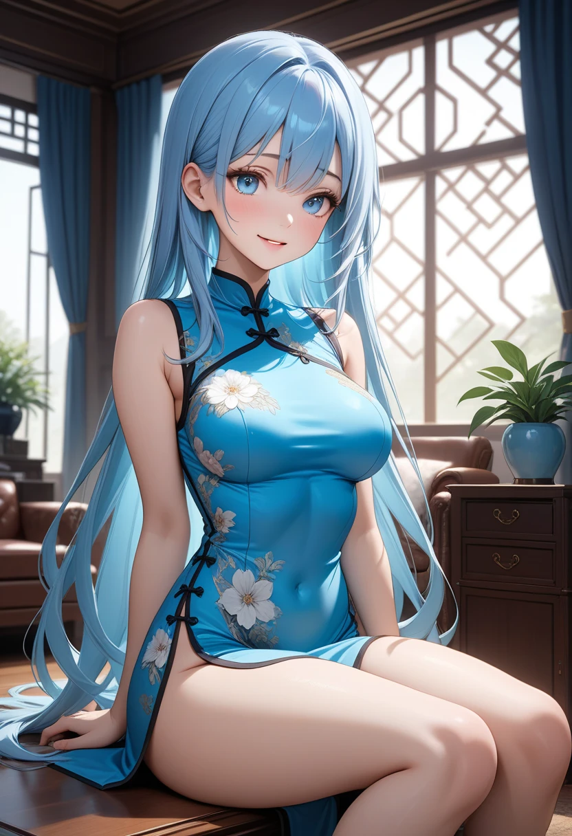 小さなgirl、Small breasts、The arrival of spring、Thick thighs、 (alone:1.5,)Very detailed,Bright colors, Very beautiful detailed anime faces and eyes, Look straight ahead, ;d, Shiny_skin,girl, ((Silver long hair,The inner color is red 、Forehead is exposed.、Green Eyes、Shiny hair, Delicate beautiful face, blush、(Turquoise Eyes), White skin, Valletta, Earrings,、blue flower field、(((Star pattern pink、Long China Clothing)))、White Long Hair、smile、smile、Face dyed red