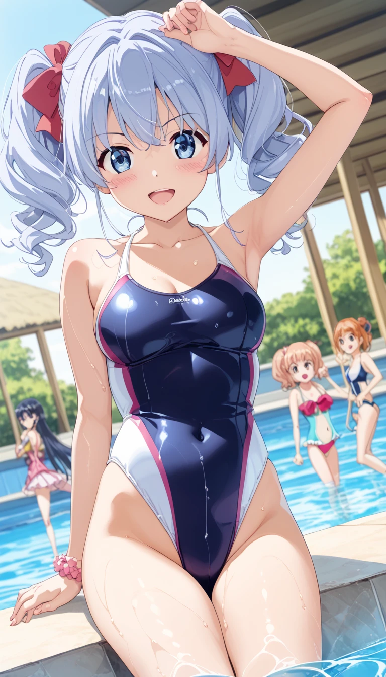 Summer sky　Summer sunshine　Beautiful girl playing in the pool　Light blue long hair　Beautiful girl with twin tails　One piece swimsuit　Many girls are playing in the pool.　Bright smile　