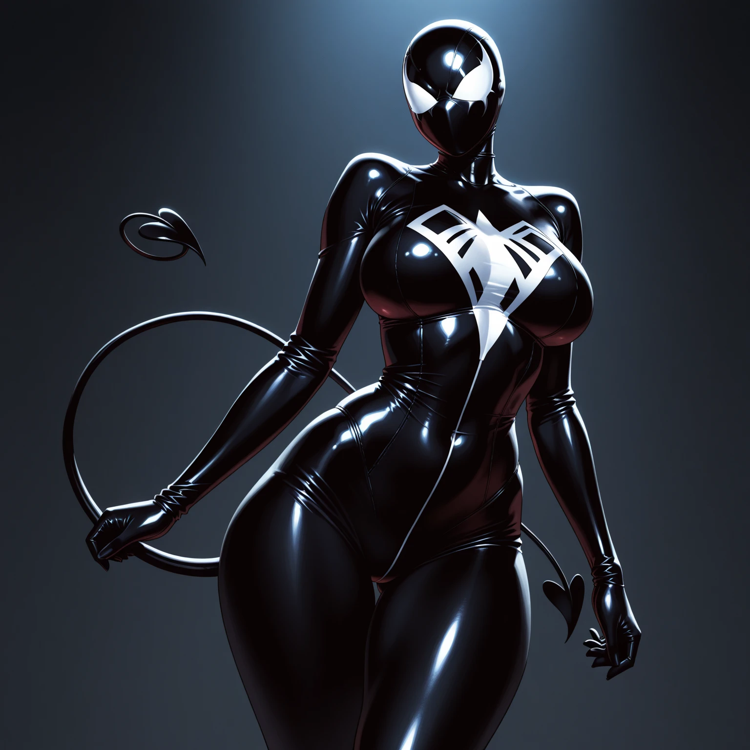 4K,realisticlying,Glamorous,The very detailed,There a girl in Dingcheng,Wearing a black Spider-Man costume,(Black and white:1.4) the night,symbiote,venomize,a large amount of mucus,she a spiderman,Black superhero theme,In front of the sky,Flushed complexion,( Open legs, camel-toe,, Vulvar shape:1.3),(GGCameltoe:1.3)Legs apart,25 age old,full bodyesbian