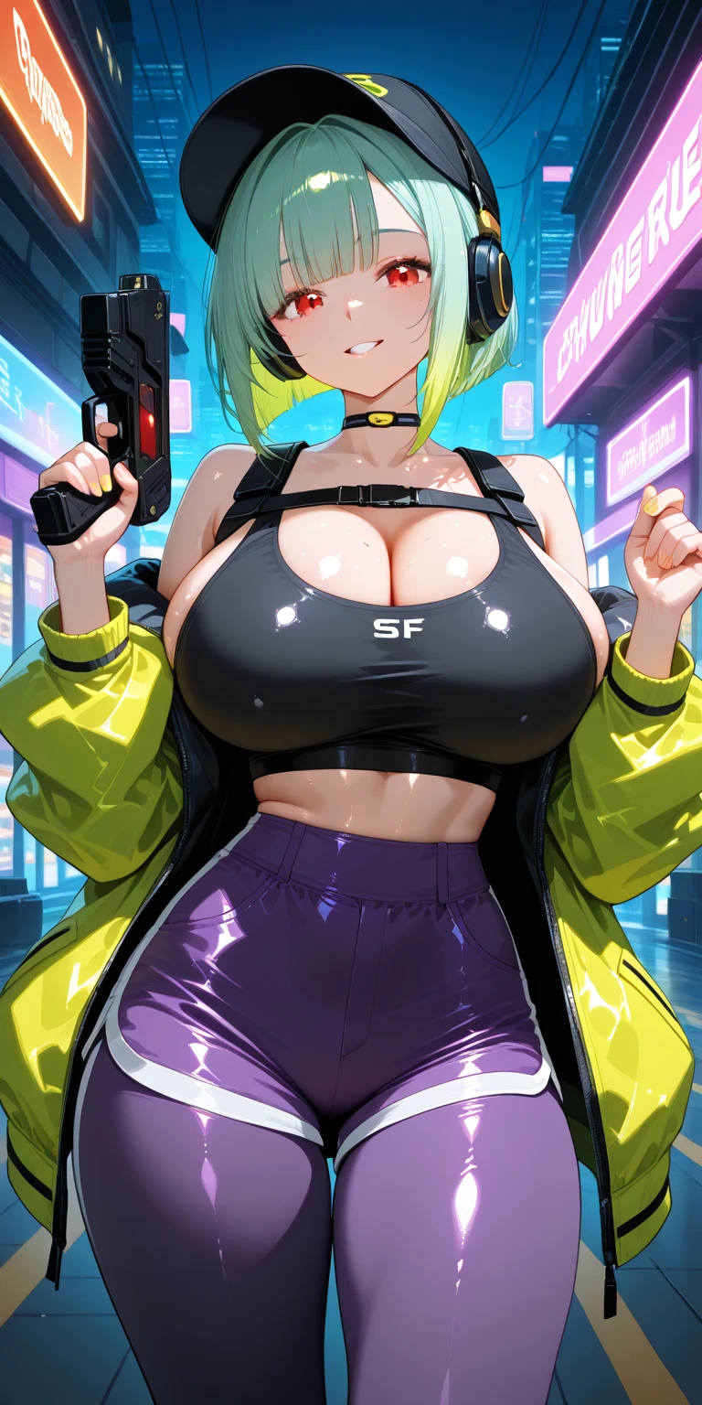 Girl,(( big tits)), ((hips)), ((thighs)), ((perfect body)), sexy, mini shorts, ((neon lights)), music, legs,  (((neon))), lights, high quality, ((dancing)), ponytail with bangs hair style,  Asian