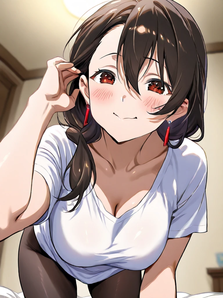 1Girl, winning ticket(umamusume), (umamusume), umamusume, shiny skin, sweat, smile, cute, open shirt, bra, panties, looking at viewer, (selfie), masterpiece, best quality, very aesthetic, recent, mid,