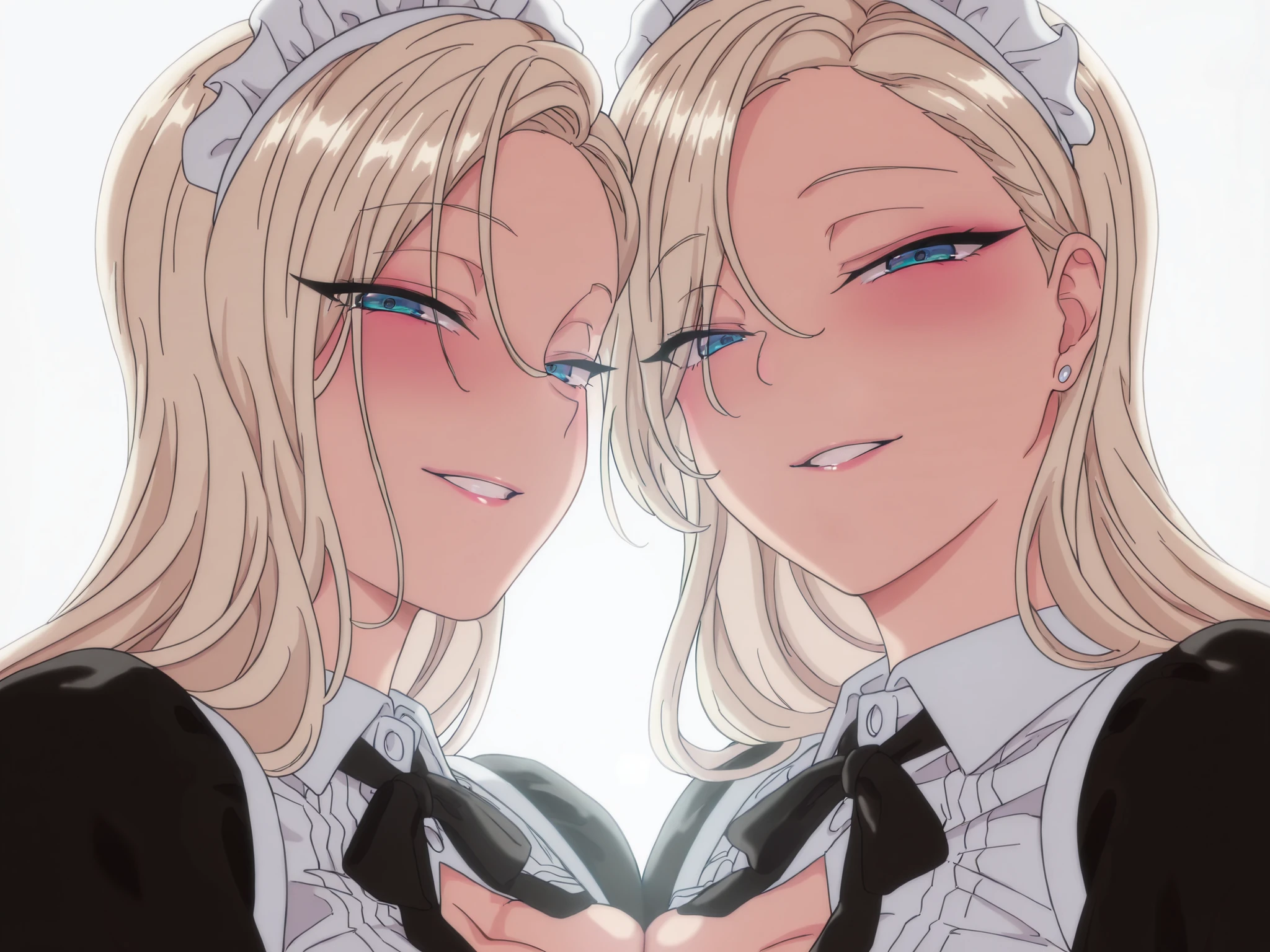 masterpiece, best quality, amazing quality, 2 girls, kurashiki reigns, long hair, blue eyes, blonde hair, smile, half-closed eyes, parted lips, looking at viewer, kurashiki reigns, long hair, blue eyes, blonde hair, maid outfit, milf, seductive body, sensual, smiling, blushing, manga cover,
