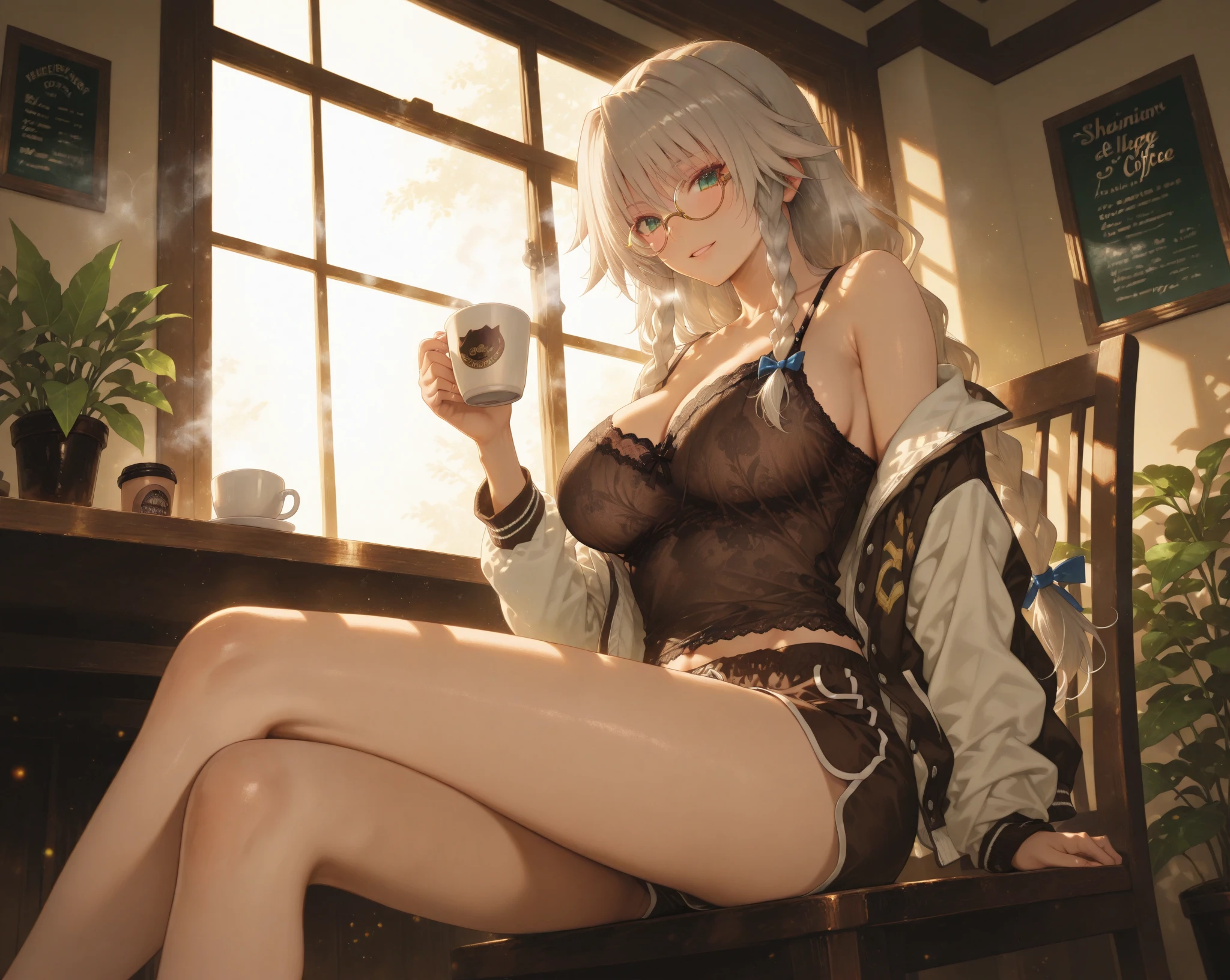 masterpiece、Highest quality、Very detailed、An illustration、Beautiful attention to detail、One Girl、cute、Detailed landscape、Library Background、Gray Hair、Braided Ponytail、Fluffy pajamas、((D cup breasts, Good night pose:1.3))、High Angle、bed