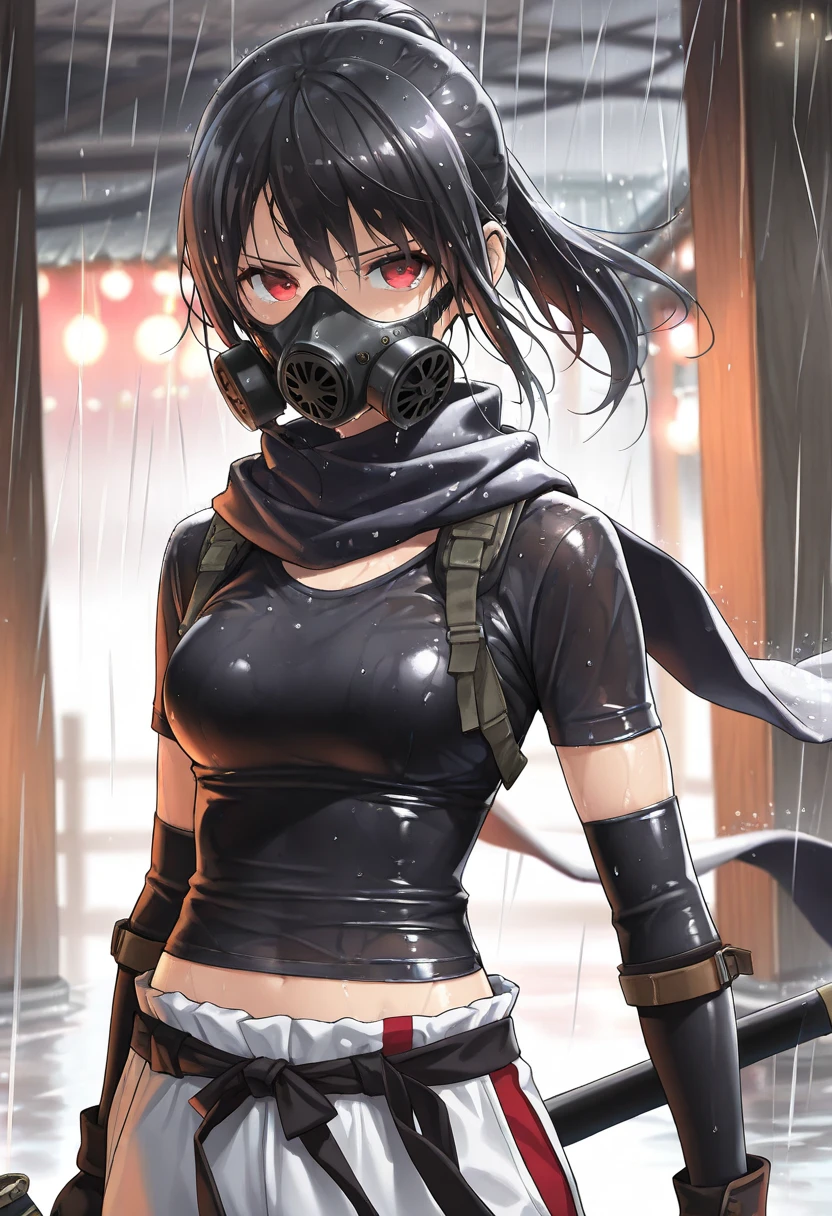 a beautiful young girl with long, shiny black hair, glowing hair, wearing a bikini, gas mask, holding a heavy weapon like an M4A1 assault rifle or machine gun, against a moonlit background
