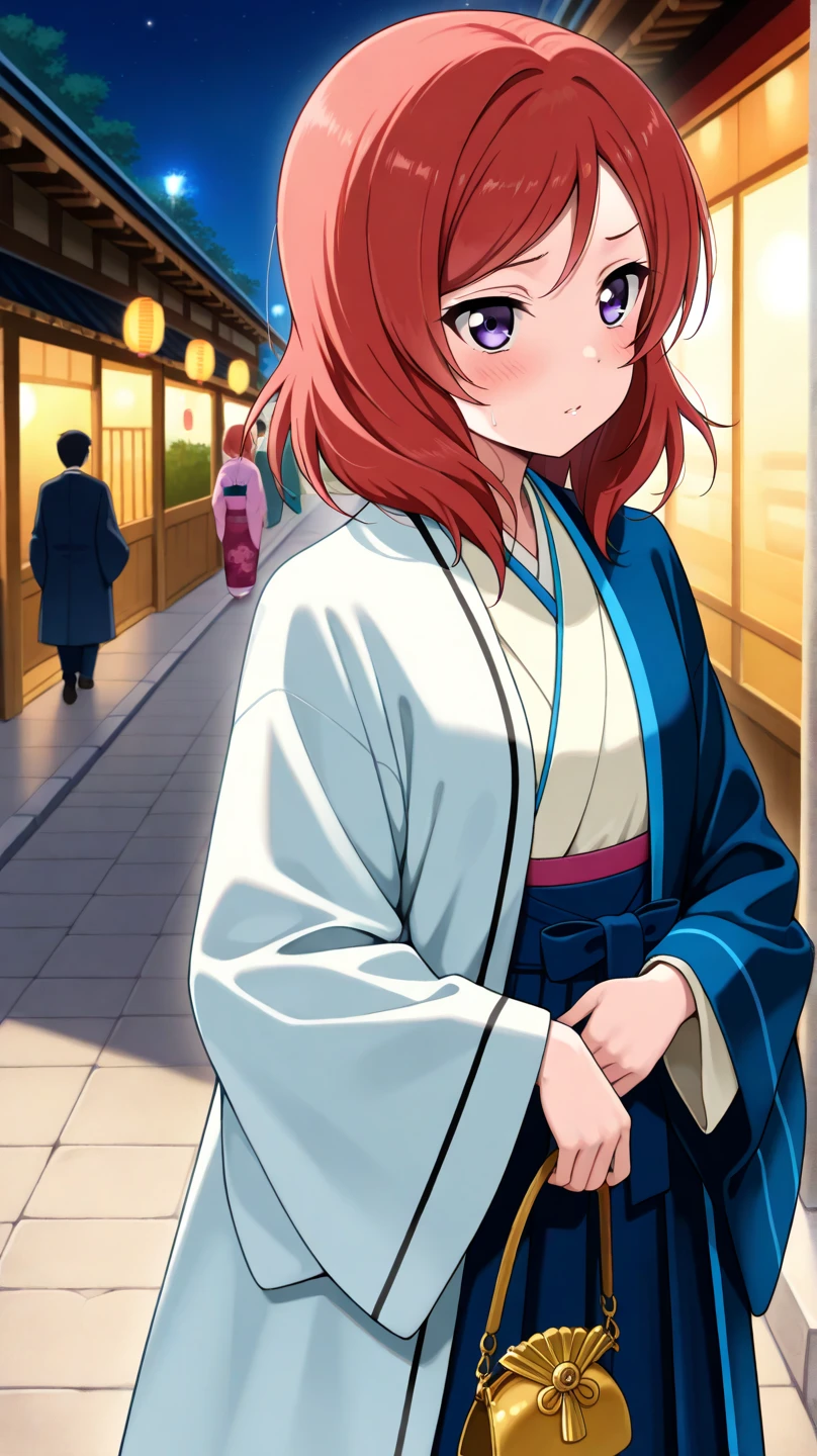 Mikunakano, Miku Nakano, long hair, bangs, blue eyes, brown hair, shirt, hair between eyes, headphones,smile,blush,  Platycodon,Miko, white kimono, kimono, red hakama,same as skirt, wide sleeve, long sleeve, ribbon trim sleeves, 
とてもlong hair, 鈍いbangs, low ponytail, 
looking at the viewer, Are standing, noon,
break indoors, shrine,torii,
break looking at viewer, whole body,Upper body, (cowboy shot:1. 5)
break (masterpiece:1.2), highest quality, High resolution, unity 8k wallpaper, (figure:0.8), (detailed and beautiful eyes:1.6), highly detailed face, perfect lighting, Very detailed CG, (perfect hands, perfect anatomy),