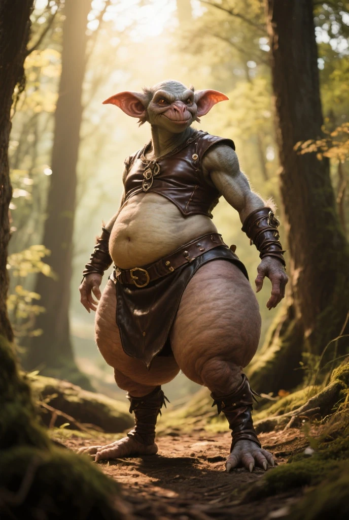goblin,powerfull, prominent belly, bulged belly, swollen belly, muscular, tall, pointed ears, sitting