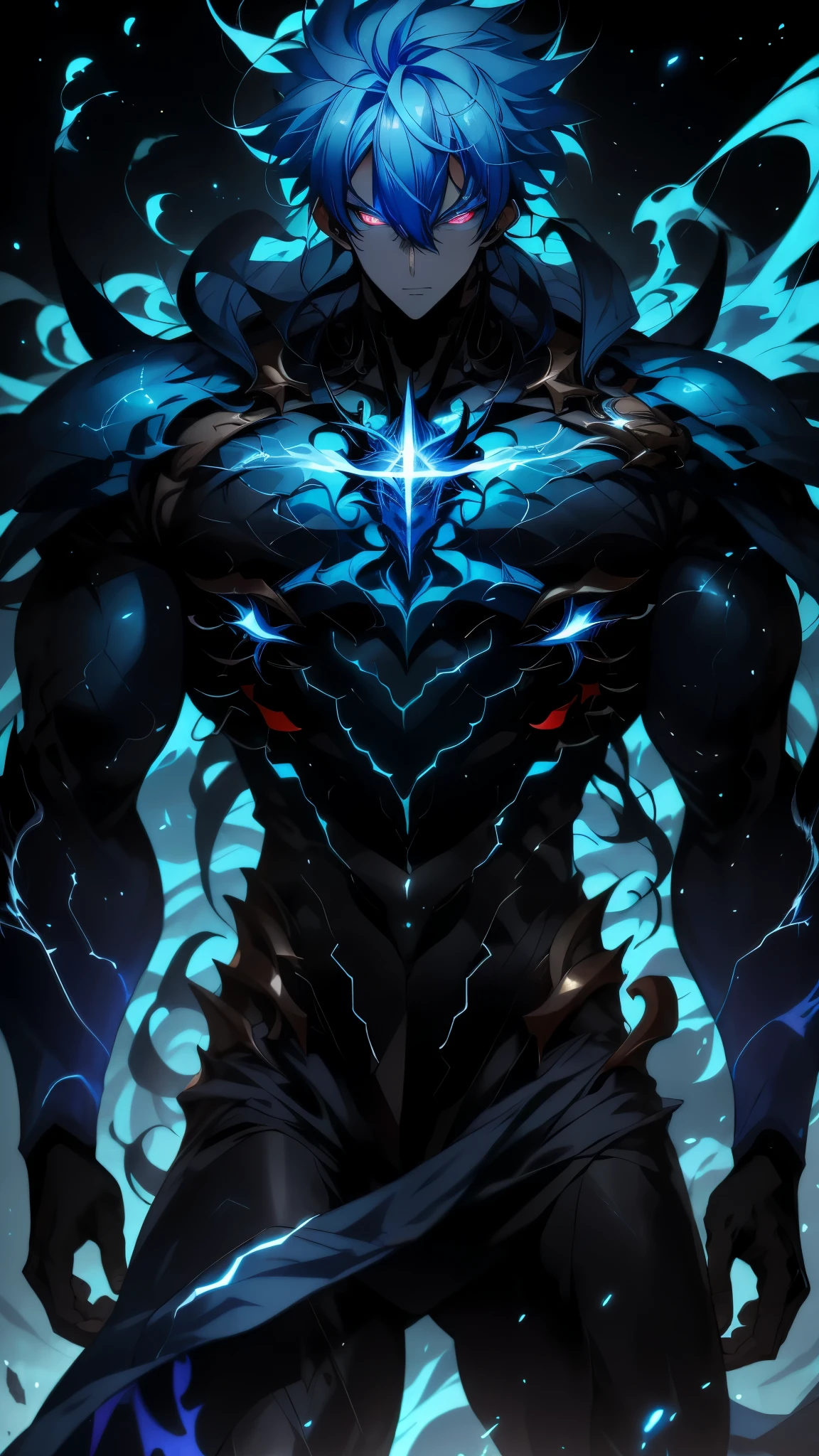 Experience the awe-inspiring transformation of the Blue Vageta God as he unleashes his full potential, with stunning renderings of his fiery aura and piercing red eyes.