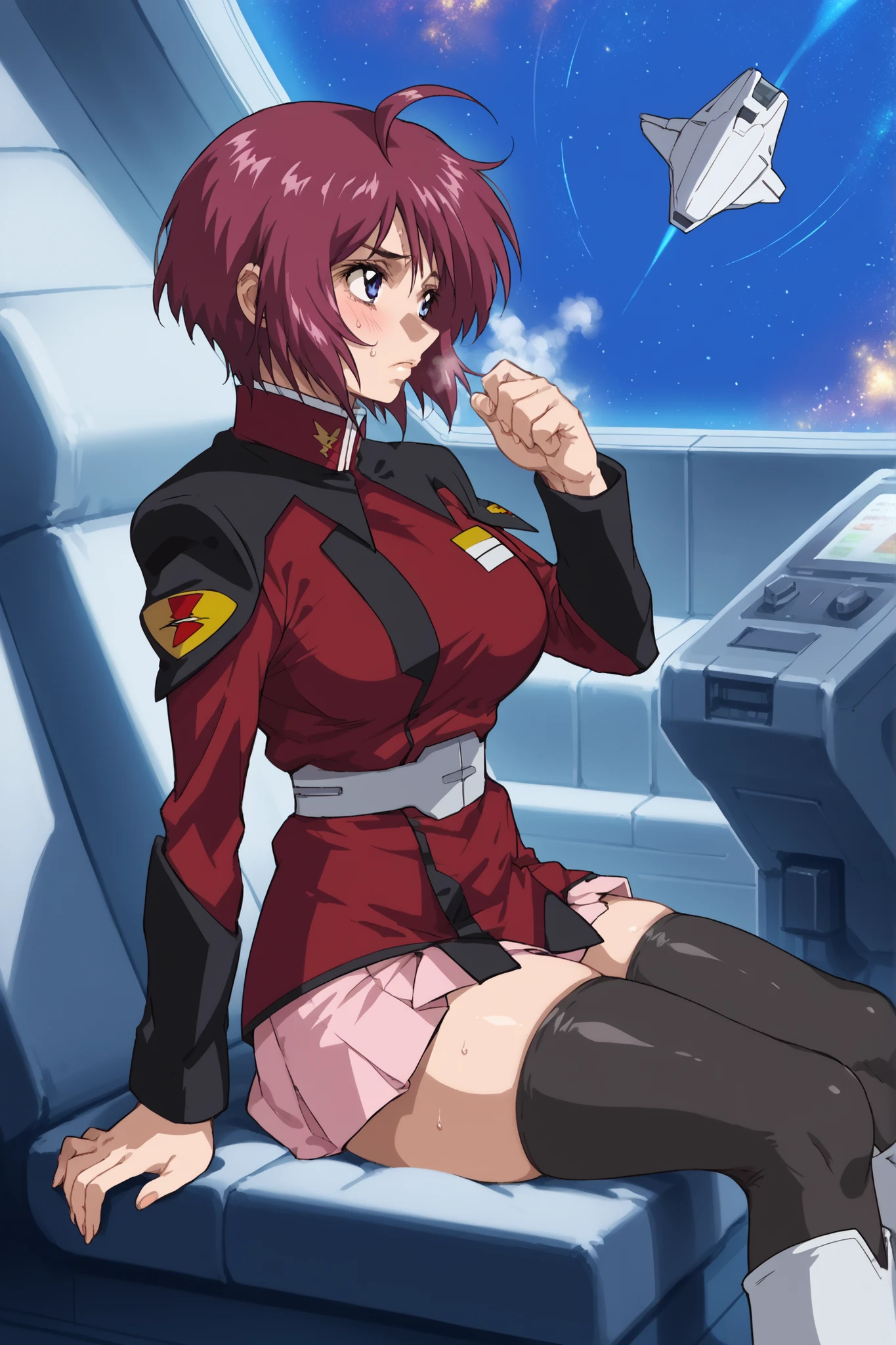 score_9,score_8_up,score_7_up,score_6_up,score_5_up,score_4_up,anime coloring,source_anime,anime screencap,lunamaria,1girl,solo,blue eyes,red hair,short hair,ahoge, destiny jacket,belt,pink miniskirt,pleated skirt,black thighhighs,knee boots,solo, be shy of, blush, large breasts, slender waist, wide hips, big thighs, collapsed breasts, heavy breathing, Sweat stains everywhere,looking away, arena, dynamic angle, tired, heavy breathing, grinning, sitting, cockpit, piloting, gundam pilot, from side, space, struggling, in a fight