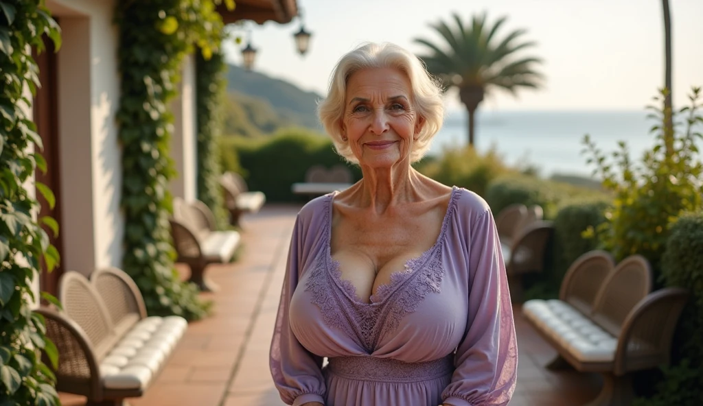 masterpiece, high-level image quality, depth of fields, beautiful mature women, 80 years old, with beautiful gray hairs, up of face, wearing beautiful dress, Infront of a house door with stones wall, Fancy makeup, (gigantic, big breasts ;1.7), beautiful face, perfect body