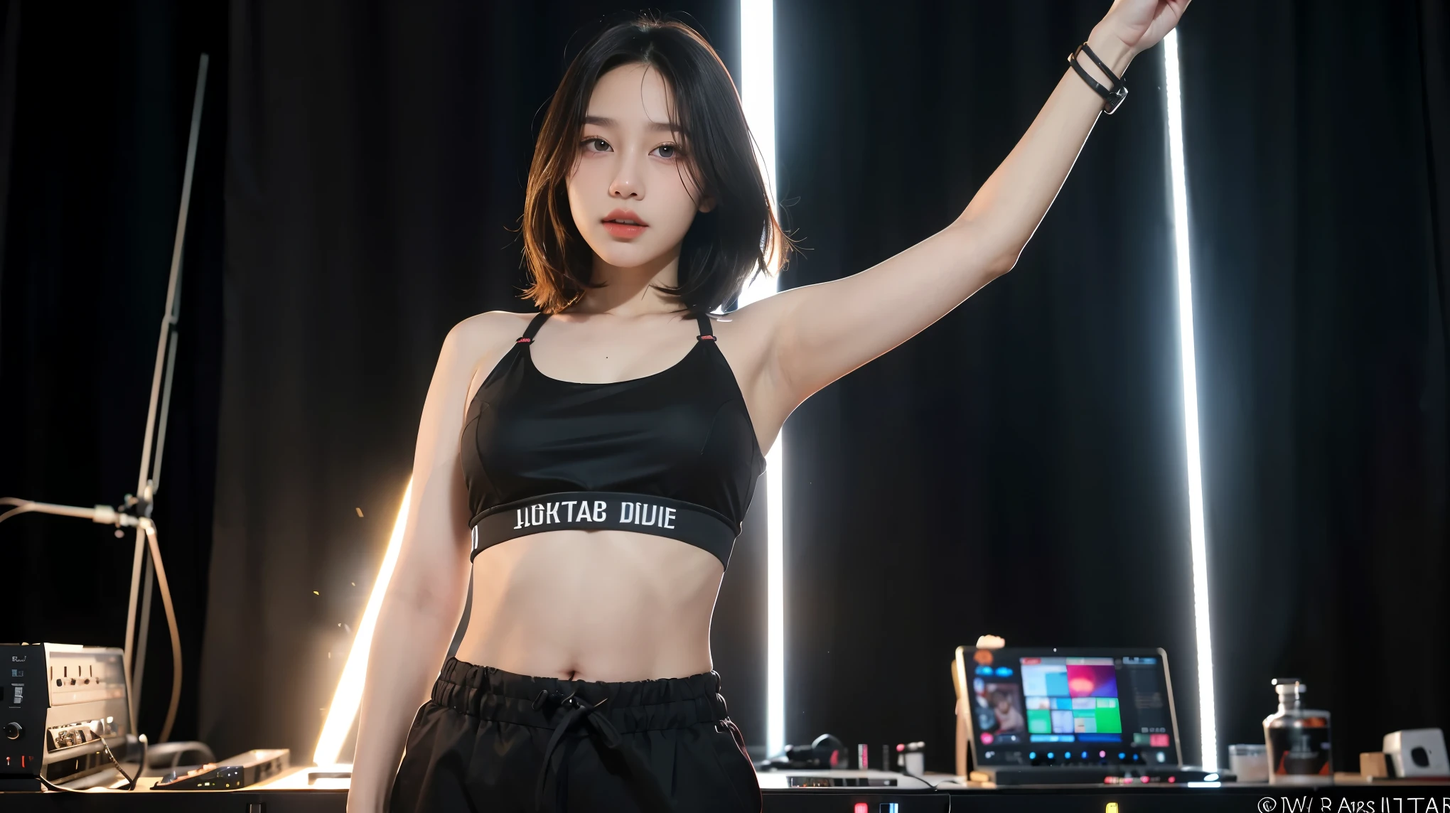 A female DJ with sleek long black hair, standing in front of the camera, wearing a bold red sports bra and black cargo pants. Her fit body and confident pose are emphasized by her raised arm and her focused expression. The lighting casts a warm glow on her and the DJ setup. Urban, sporty, photorealistic club setting.